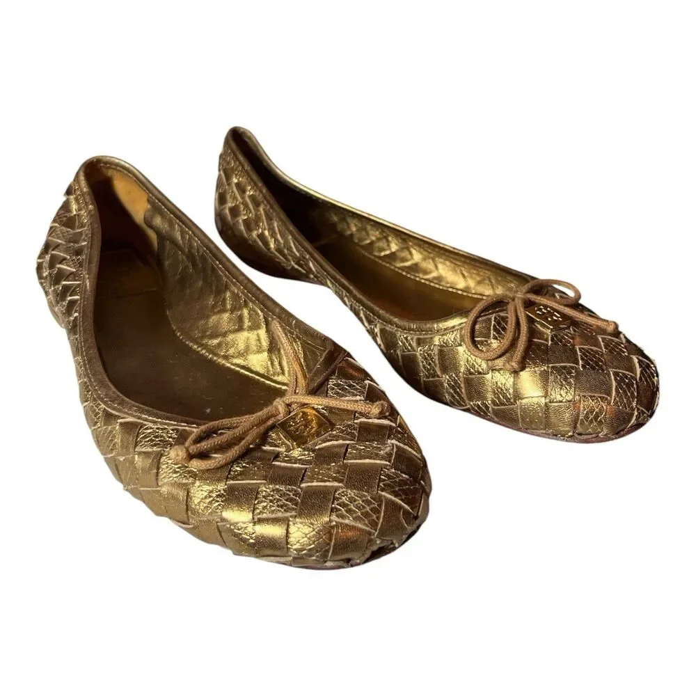 Tory Burch Prescot Womens Ballet Flats Gold Woven Leather Metallic Size 8.5 M